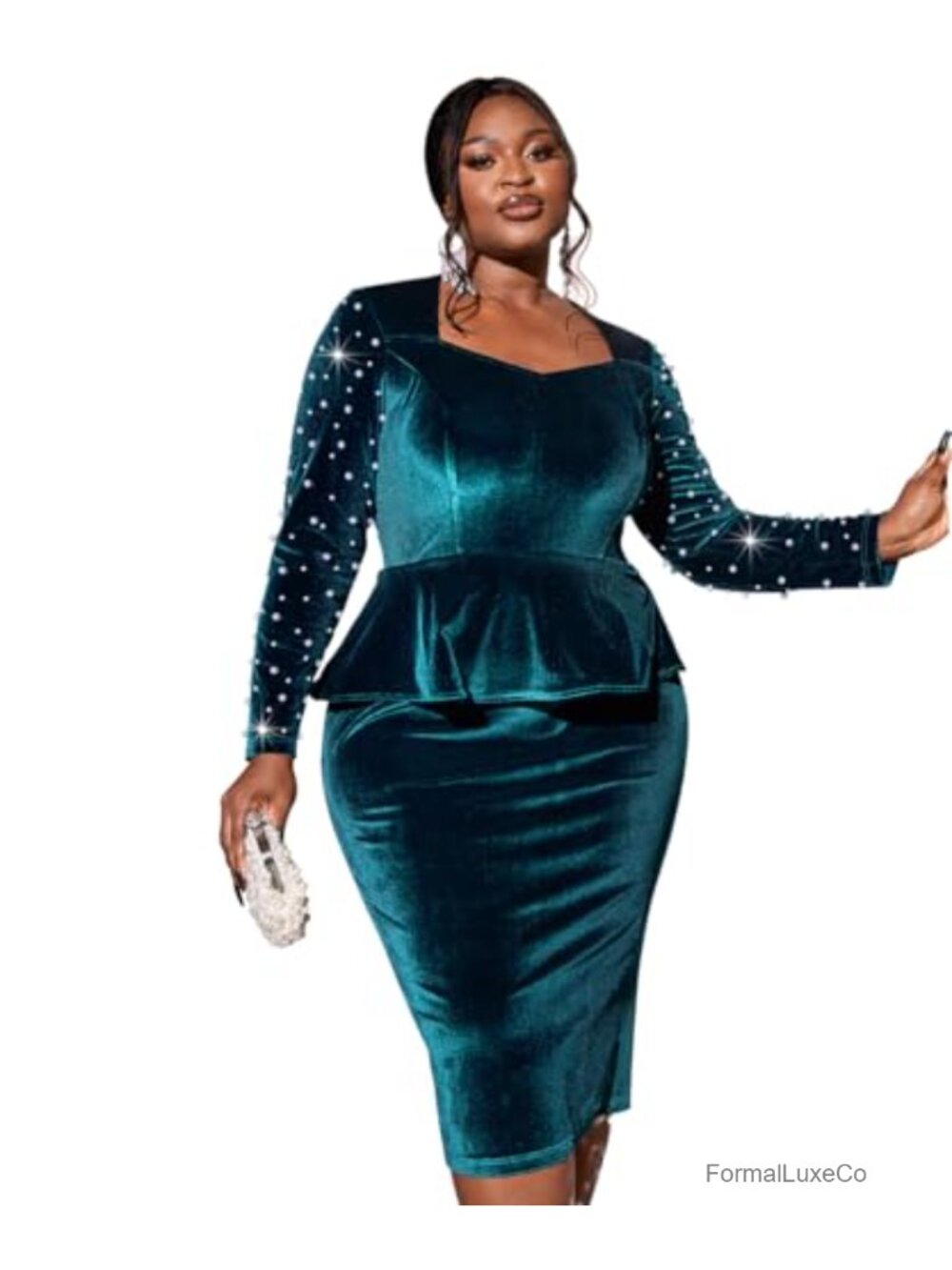 Pearl Beaded Velvet Midi Dress Long Sleeve Peplum Square Neck Formal